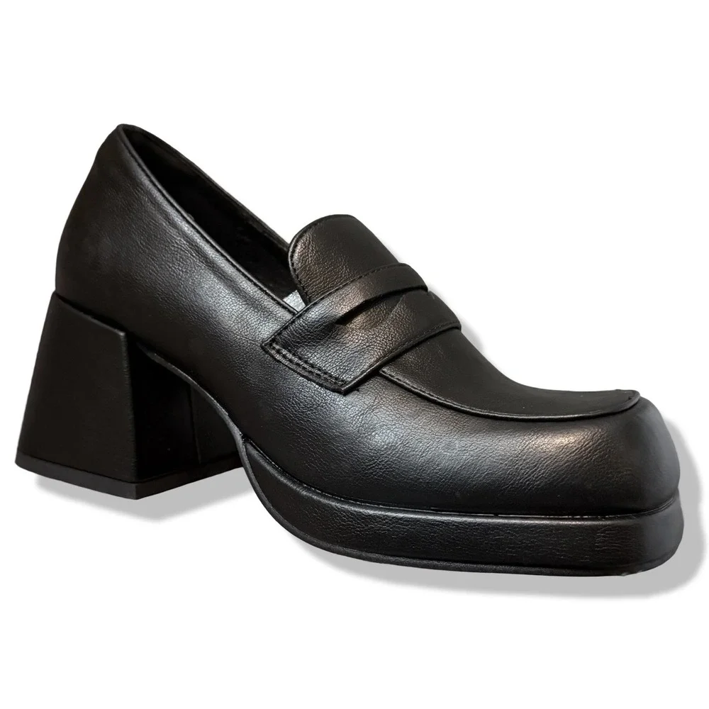 NIB Womens Black Platform Chunky Heel Loafer Shoes Square Toe Retro Style Sz 5